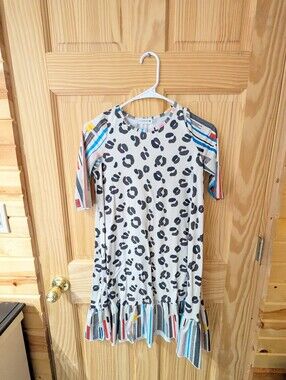 Nuggles Girls 10 White Dress with Black Leopard Spots and Multicolor